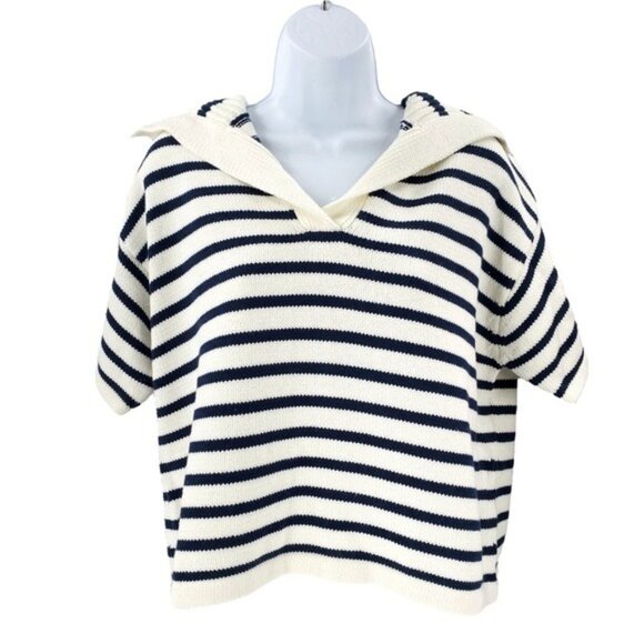 Tuckernuck NEW Ivory and Navy Stripe Claire Nautical Polo Crop Sweater Size L - Picture 6 of 10